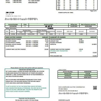 USA New Hampshire Electric Co op electricity utility bill template in Word and PDF format download template file