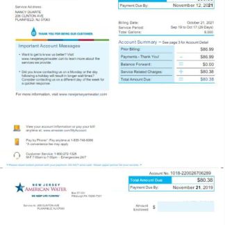 USA NEW JERSEY AMERICAN WATER utility bill Word and PDF template download template file