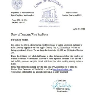 USA New Jersey Town of Harrison water shut off notice download template file