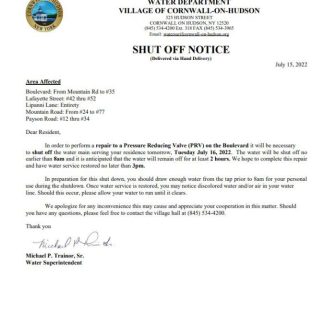 USA New York Cornwall on Hudson water utility bill shutoff notice, Word and PDF template download template file