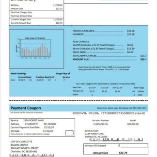 USA North Carolina City of Charlotte water utility bill template in Word and PDF format download template file