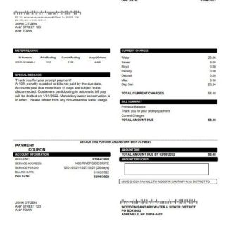 USA North Carolina Woodfin Sanitary Water & Sewer District utility bill template in Word and PDF format download template file