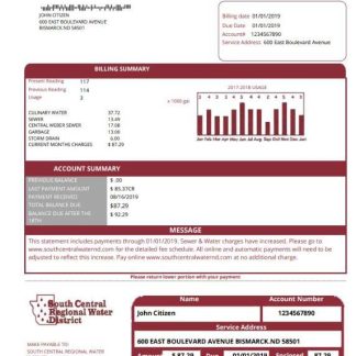 USA North Dakota South Central Regional Water District utility bill template in Word and PDF format download template file