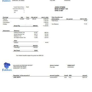 USA Ohio Kalahari Waterpark Resort utility bill template in Word and PDF format download template file