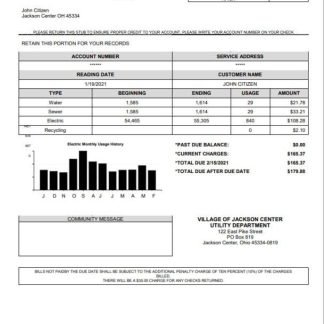 USA Ohio Village of Jackson Center Public Power utility bill template in Word and PDF format download template file