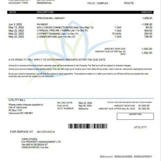 Canada British Columbia City of Vancouver utility bill template in Word and PDF format download template file
