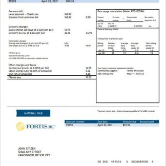 Canada British Columbia FortisBC utility bill template in Word and PDF format download template file