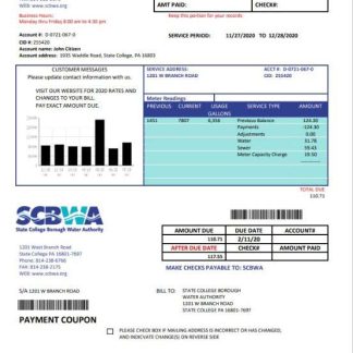 USA Pennsylvania SCBWA water utility bill template in Word and PDF format download template file