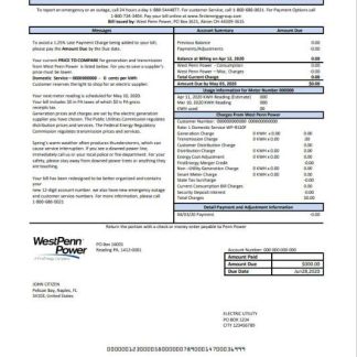 USA Pennsylvania West Penn Power utility bill template in Word and PDF format download template file