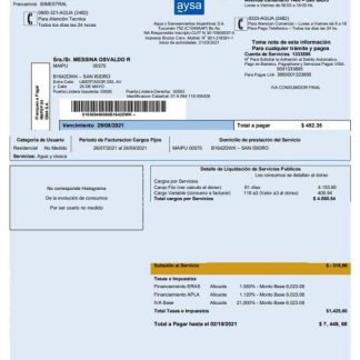 Argentina water utility bill template Aysa in Word and PDF format (.doc and .pdf) download template file