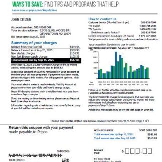 USA Pepco utility bill template in Word and PDF formats, version 2 download template file