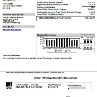 USA PG&E utility bill template in Word and PDF formats, version 2 download template file