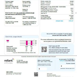 USA Reliant Energy utility bill template in Word and PDF formats, version 3 download template file