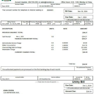 Canada City of Brandon utility bill template in Word and PDF formats download template file