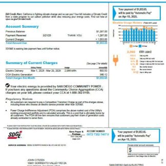 USA SDGE utility bill template in Word and PDF formats, version 2 download template file