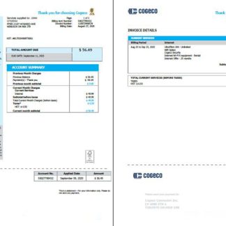Canada Cogeco utility bill template in Word and PDF formats, 2 pages download template file