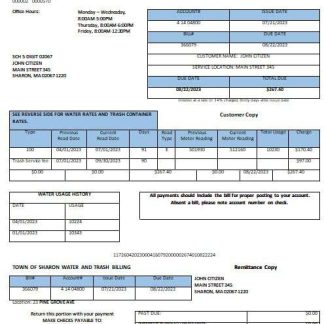 USA Sharon Town of Sharon water trash utility bill Word and PDF formats download template file