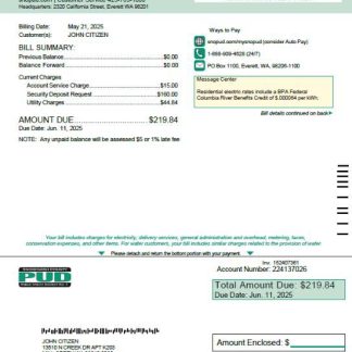 USA Snohomish County PUD utility bill template in Word and PDF formats download template file