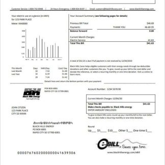USA South Dakota Black Hills Energy utility bill template in Word and PDF format download template file