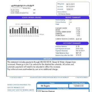 USA South Weber City Utah water utility bill template in Word and PDF format download template file