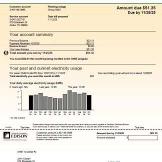 USA Southern California Edison utility bill template in Word and PDF formats, version 3 download template file