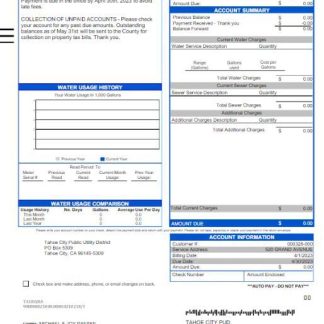 USA TAHOE CITY PUBLIC UTILITY utility bill Word and PDF template download template file