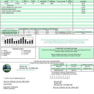 USA Tennessee Mountain Electric Cooperative, Inc. (MEC) utility bill template in Word and PDF format download template file