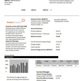 USA Texas Ambit Energy utility bill template in Word and PDF format download template file