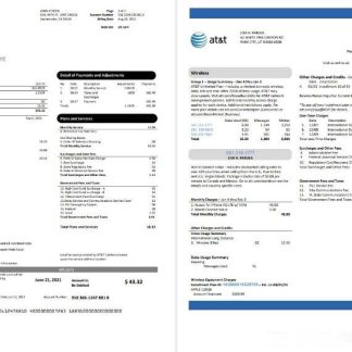 USA Texas AT&T telecommunications utility bill template in Word and PDF format (2 pages) download template file