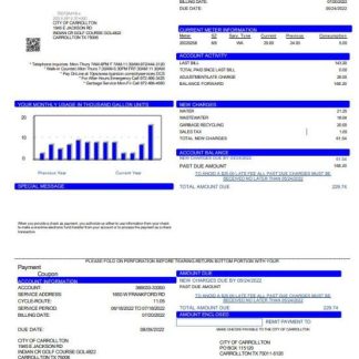 USA Texas Carrollton utility bill template in Word and PDF format download template file