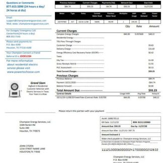 USA Texas Champion Energy Services proof of address utility bill template in Word and PDF format download template file