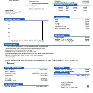 USA Texas City of Corsicana utility bill template in Word and PDF format download template file