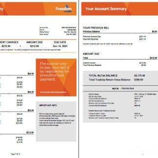 Canada Freedom Mobile utility bill template in Word and PDF formats, 2 pages download template file