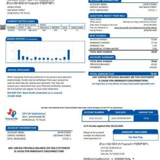 USA Texas City of Duncanville water, sewer, garbage utility bill template in Word and PDF format download template file