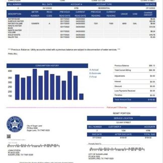 USA Texas City of Sugar Land utility bill template in Word and PDF format download template file