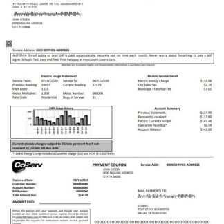 USA Texas CoServ utility bill template in Word and PDF format download template file