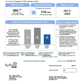 Canada Hydro One utility bill template in Word and PDF formats, version 2 download template file