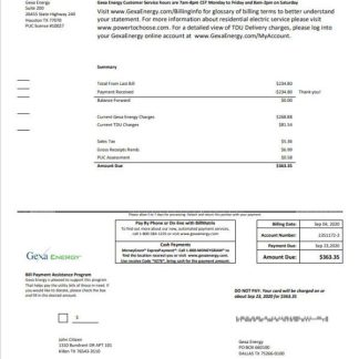 USA Texas Gexa Energy utility bill template in Word format download template file