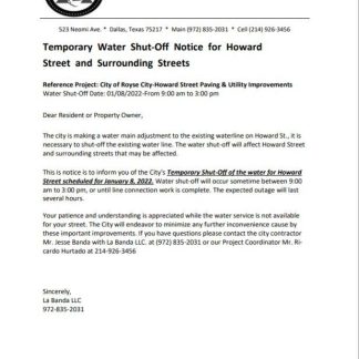 USA Texas La Banda utility water shut off notice, Word and PDF template download template file