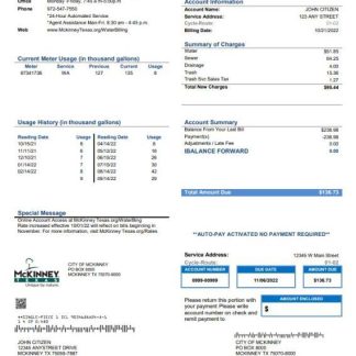 USA Texas McKinney utility bill template in Word and PDF format download template file