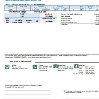 USA Texas Medina Electric utility bill template in Word and PDF format download template file