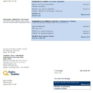 Canada Hydro Québec utility bill template in .doc and .pdf format download template file