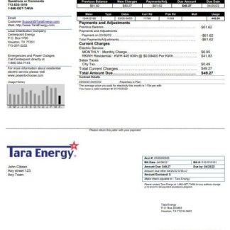 USA Texas Tara Energy utility bill template in Word and PDF format download template file