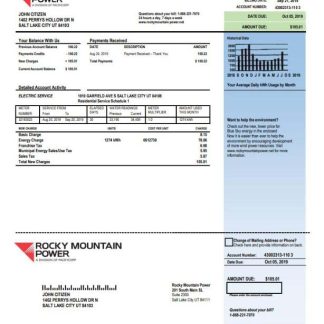 USA Utah Rocky Mountain Power electricity utility bill template in Word and PDF format download template file