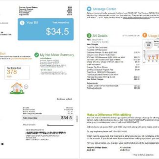 USA Vermont Green Mountain Power utility bill, Word and PDF template, 2 pages download template file