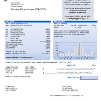 USA Washington City of Lacey water utility bill template in Word and PDF format (proof of address) download template file
