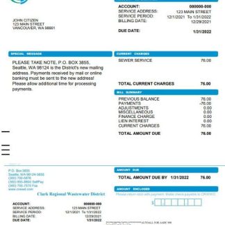 USA Washington Clark Regional Wastewater District utility bill, Word and PDF template download template file