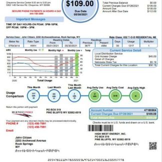 USA Wyoming High West Energy utility bill in Word and PDF format, version 2 download template file