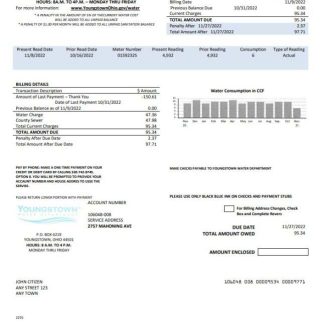 USA Youngstown Water Department utility bill template in Word and PDF format download template file