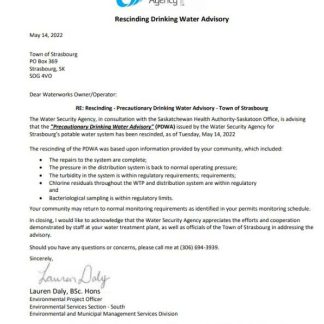 Canada Saskatchewan Strasbourg Water Security Agency water utility shut off notice download template file